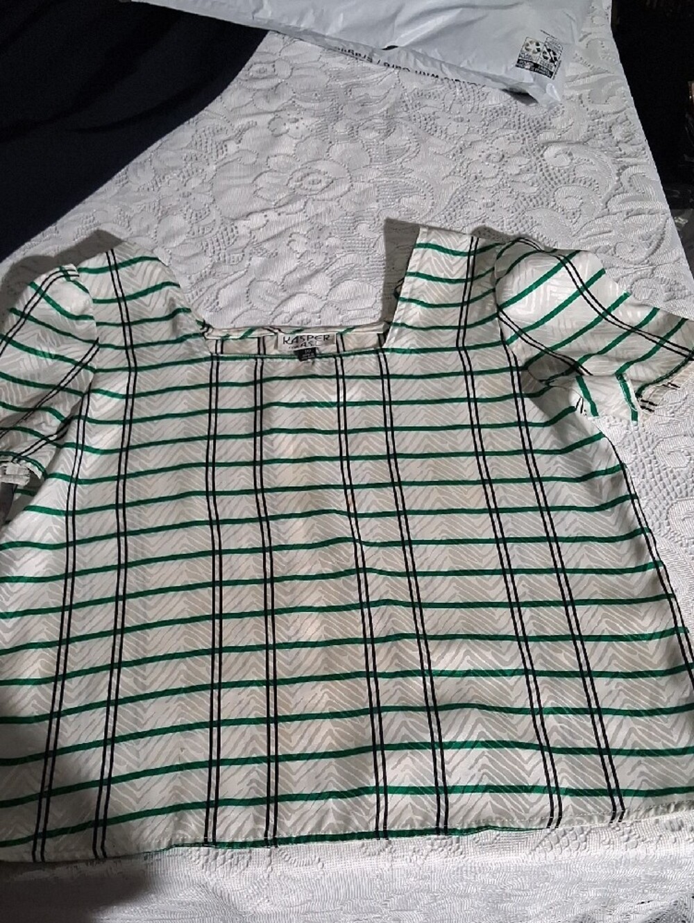 Kasper White Top with Green and Black Windowpane Stripes - Picture 5 of 5